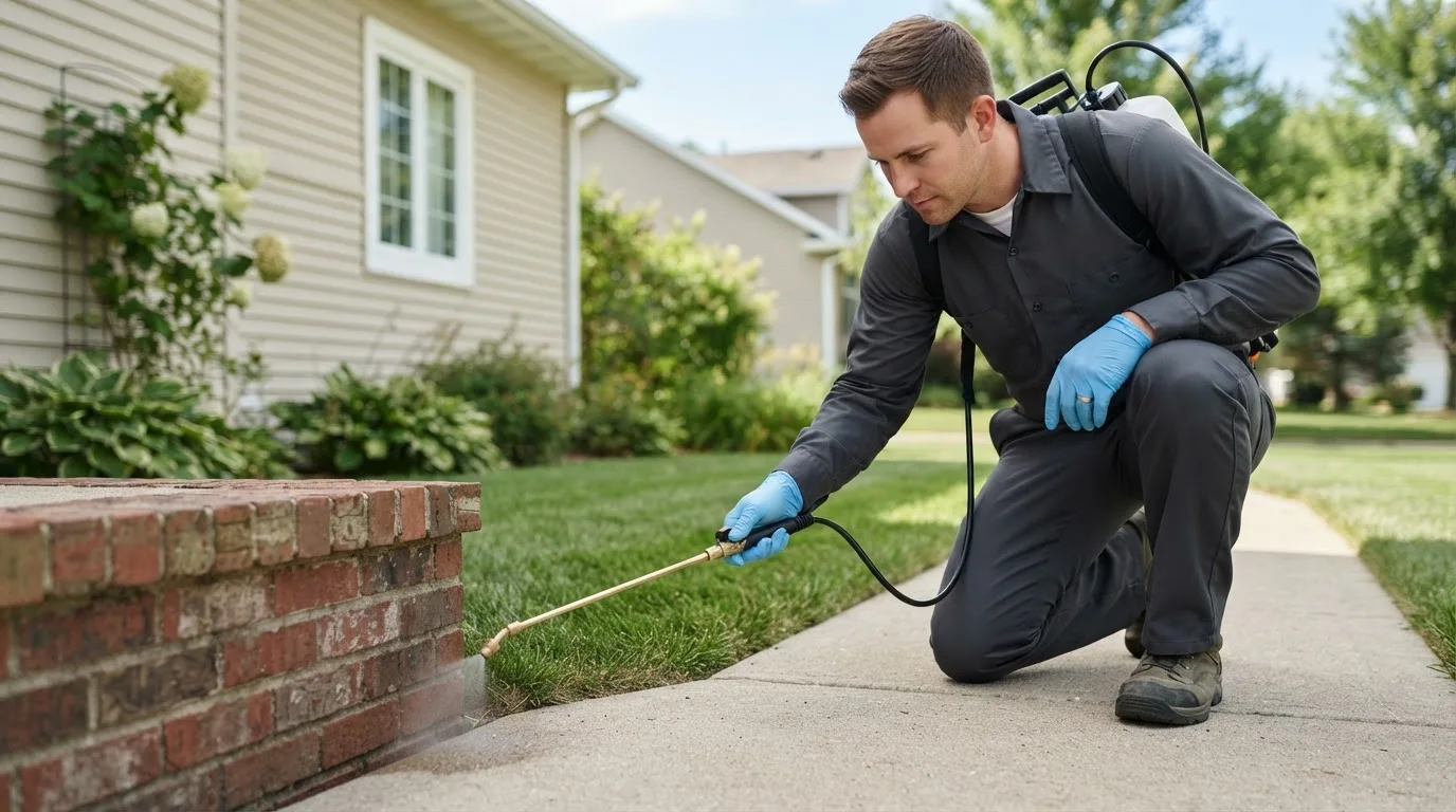 Pest control technician treating a home near East Chicago, IN